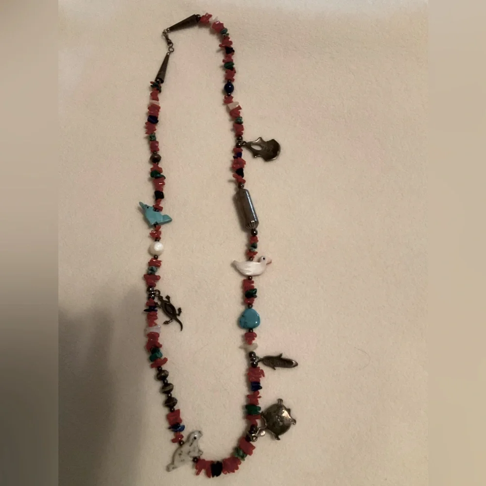 Native American Red and Blue Beaded Fetish Necklace with Charms